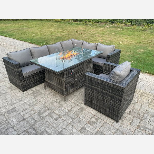 Outdoor Rattan Garden Corner Furniture Gas Fire Pit Dining Table Gas Heater Sets Lounge Chairs Dark Grey 7 seater