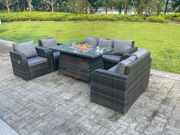 7 Seater Rattan Outdoor Garden Furniture Gas Fire Pit Table Sets Gas Heater Lounge Sofa Recling Chairs Loveseat Dark Mixed Grey