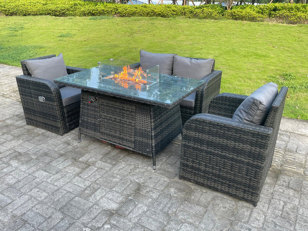 4 Seater Rattan Outdoor Garden Furniture Gas Fire Pit Table Sets Gas Heater Loveseat Sofa Recling Chairs Dark Mixed Grey