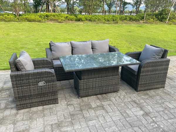 5 Seater Rattan Outdoor Garden Furniture Lifting Adjustable Dining Or Coffee Table Sets Lounge Sofa Recling Chairs Dark Mixed Grey
