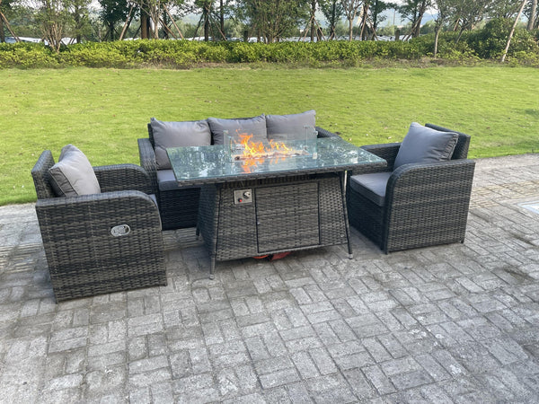5 Seater Rattan Outdoor Garden Furniture Gas Fire Pit Table Gas Heater Sets Lounge Sofa Recling Chairs Dark Mixed Grey