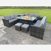 Outdoor Rattan Garden Furniture Gas Fire Pit Dining Table Gas Heater Sets Side Table Small Footstools Dark Mixed Grey 11 seater