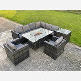 Outdoor Rattan Garden Corner Furniture Gas Fire Pit Dining Table Gas Heater Sets Lounge Chairs Side table Dark Grey 8 seater