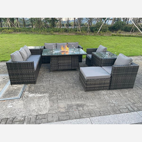 Outdoor Rattan Garden Furniture Gas Fire Pit Dining Table Sets Gas Heater Lounge Chairs Side tables Dark Mixed Grey 9 seater
