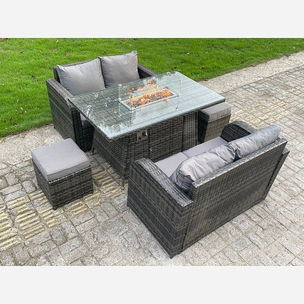 Rattan Outdoor Furniture Gas Fire Pit Rectangle Dining Table Gas Heater Loveseat Sofa Small Footstools Sets 6 seater