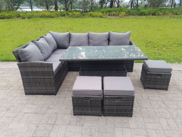 High Back Corner Rattan Garden Furniture Sofa Rising Dining Table Height Adjustable 9 Seater 3 Small Foot Stools
