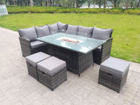 High Back Corner Rattan Garden Furniture Set 9 seater polyrattan Sofa Gas Fire Pit Dining Table Sets Gas Heater 3 Small Footstools