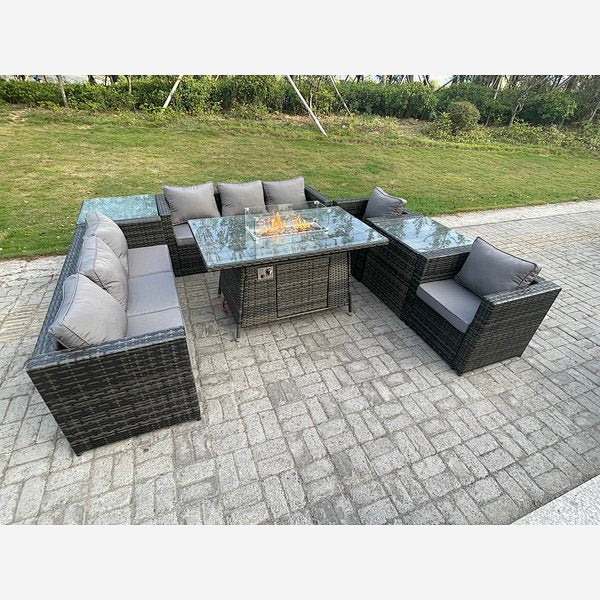Outdoor Rattan Garden Furniture Gas Fire Pit Dining Table Sets Gas Heater Lounge Chairs Side tables Dark Mixed Grey 8 seater