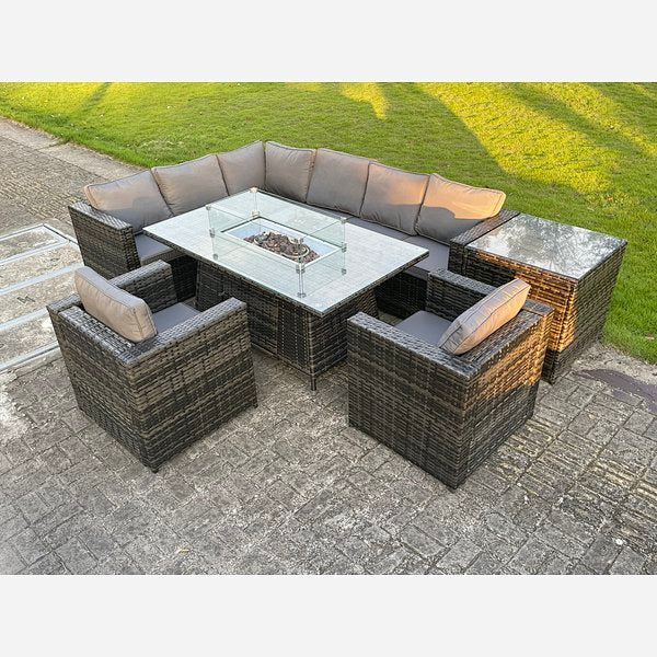 Outdoor Rattan Garden Corner Furniture Gas Fire Pit Dining Table Gas Heater Sets Lounge Chairs Side table Dark Grey 8 seater