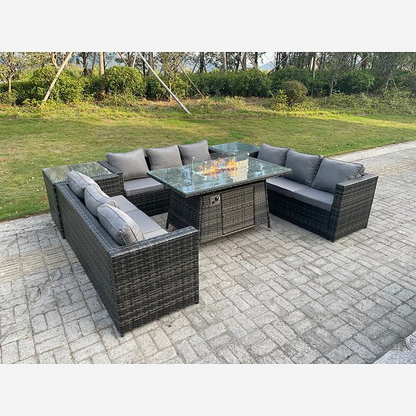 Outdoor Rattan Garden Furniture Gas Fire Pit Dining Table Gas Heater Sets Side Tables Dark Mixed Grey 9 seater