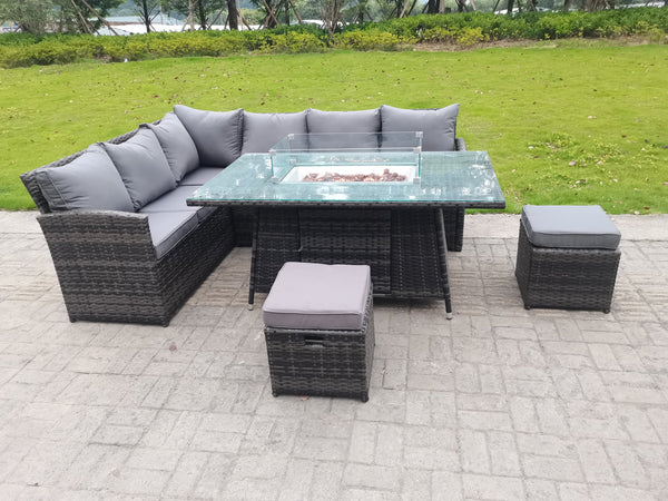 High Back Corner Rattan Garden Furniture Set 8 Seater Sofa Gas Fire Pit Gas Heater Dining Table Sets 2 Small Footstools