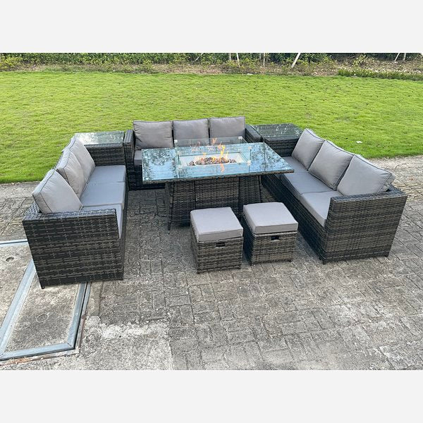 Outdoor Rattan Garden Corner Furniture Gas Fire Pit Table Gas Heater Sets Side Tables Small Footstools Dark Grey 11 seater