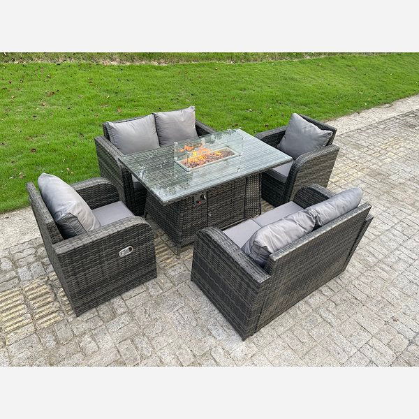 Rattan Outdoor Furniture Gas Fire Pit Rectangle Dining Table Gas Heater Reclining Chairs Loveseat sofa Sets 6 seater