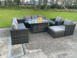 Outdoor Rattan Garden Furniture Gas Fire Pit Table Sets Gas Heater Lounge Chairs Dark Grey 9 seater