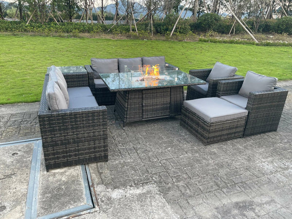 Outdoor Rattan Garden Furniture Gas Fire Pit Table Sets Gas Heater Lounge Chairs Dark Grey 9 seater