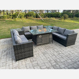 Outdoor Rattan Garden Furniture Gas Fire Pit Dining Table Gas Heater Sets Side Tables Dark Mixed Grey 9 seater