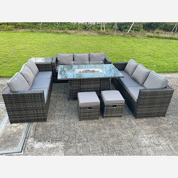 Outdoor Rattan Garden Furniture Gas Fire Pit Dining Table Gas Heater Sets Side Table Small Footstools Dark Mixed Grey 11 seater