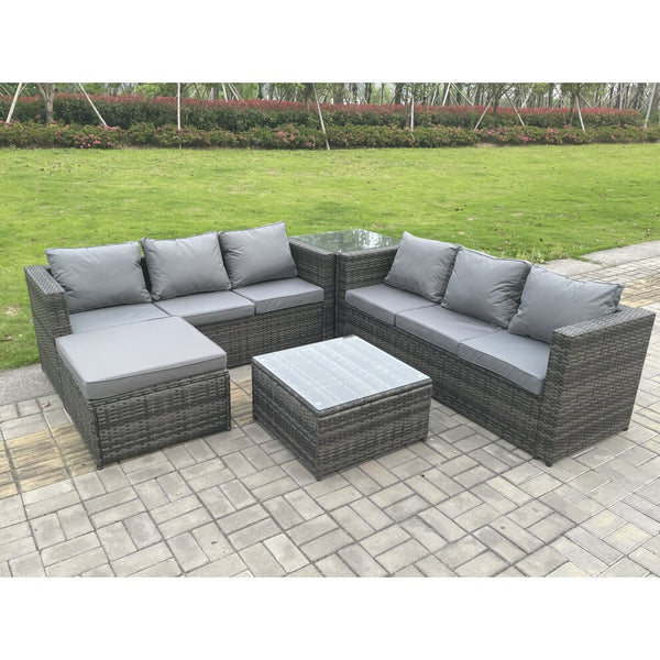 7 Seater Dark Mixed Grey Rattan Corner Sofa Outdoor Garden Furniture With 2 Coffee Table Footstool