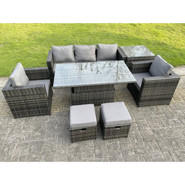 Rattan Garden Furniture Set Rising Table Lounge Sofa Set With Foostools Dark Grey Mixed Extra Coffee Table