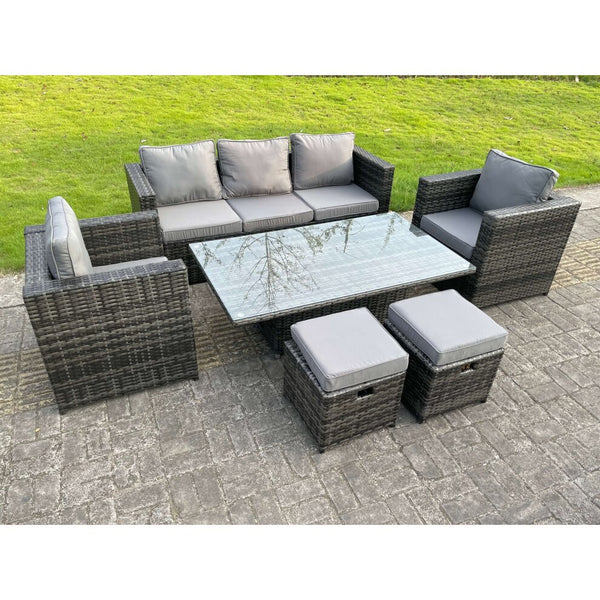 Rattan Garden Furniture Set Rising Table with Foostools Dark Grey Mixed