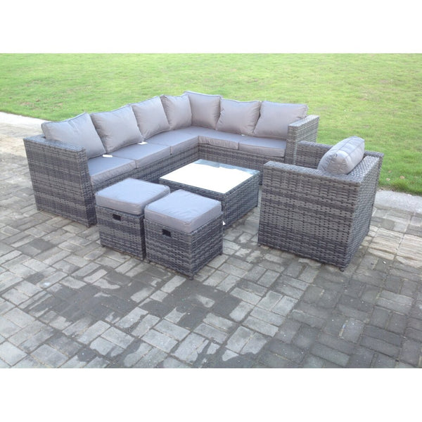 Dark Grey  Mixed Rattan Garden Furniture Corner Sofa Set Square Coffee Table Chair Footstools Right Hand Option