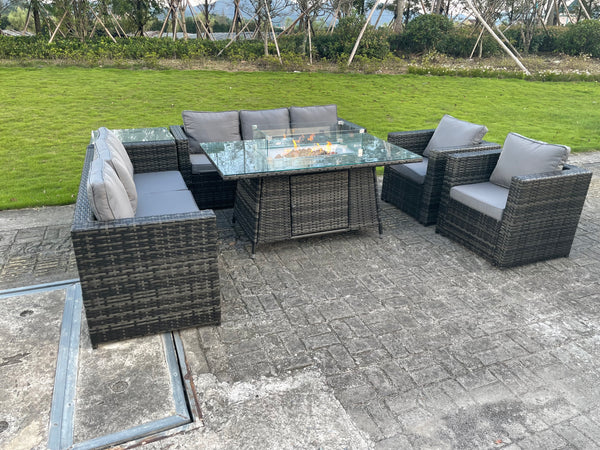 8 seater Outdoor Rattan Garden Furniture Set Gas Fire Pit Polyrattan Table Sets Gas Heater Lounge Chairs Dark Grey