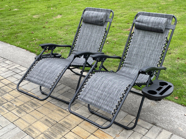 2  PC Zero Gravity Folding Chair  Adjustable Sun Lounger With Side Tray Black/Grey