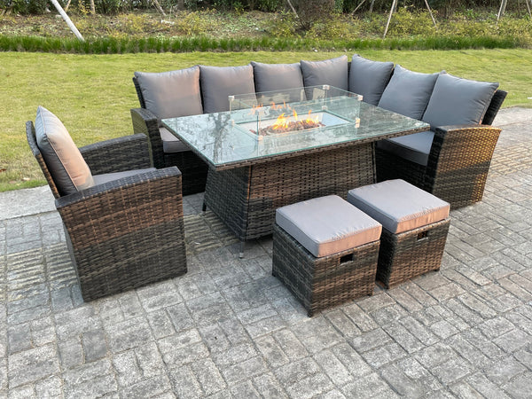 High Back Rattan Garden Furniture Sets 9 Seater Gas Fire Pit Dining Table Gas Heater Set Right Corner Sofa Small Footstools Chair
