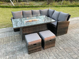 High Back Rattan Garden Furniture Sets 8 Seater Gas Fire Pit Dining Table Set Gas Heater Right Corner Sofa Small Footstools