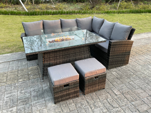 High Back Rattan Garden Furniture Sets 8 Seater Gas Fire Pit Dining Table Set Gas Heater Right Corner Sofa Small Footstools