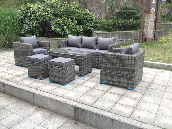 7 Seater Rattan Sofa Oblong Coffee Table Set (Gray)