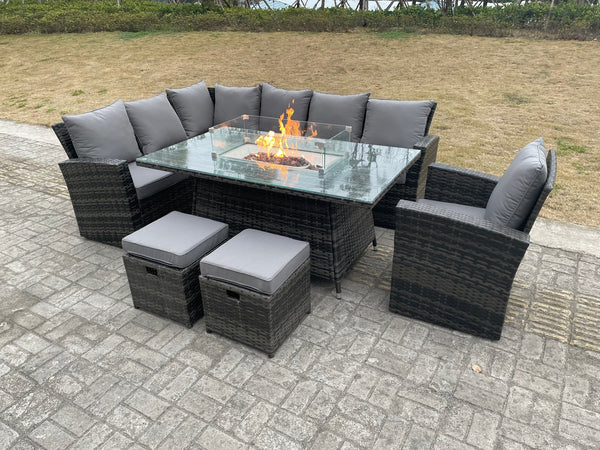 High Back Rattan Garden Furniture Sets 9 Seater Gas Fire Pit Dining Table Gas Heater Set Left Corner Sofa Small Footstools Chair