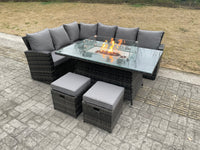 High Back Rattan Garden Furniture Sets 8 Seater Gas Fire Pit Dining Table Set Gas Heater Left Corner Sofa Small Footstools