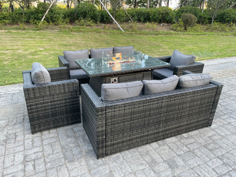 Outdoor Rattan Garden Furniture Set Gas Fire Pit Table Sets 8 Seater Polyrattan Sofa Gas Heater Lounge Chairs Dark Grey