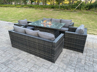 Outdoor Rattan Garden Furniture Set Gas Fire Pit Table Sets 8 Seater Polyrattan Sofa Gas Heater Lounge Chairs Dark Grey