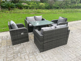 Rattan Garden Furniture Set  6 Seater Lounge Patio Sofa with Cushions Glass Loveseat Sofa Rectangle Table Sets Dark Grey Mixed