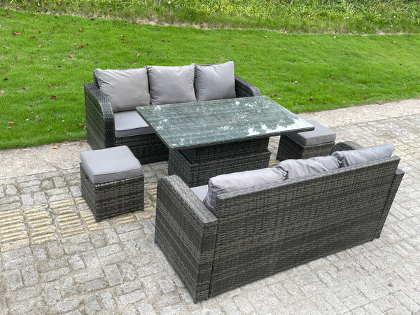Rattan Garden Furniture Set 8 Seater Outdoor Lounger Sofa Bistro Set with Cushions Footstool Rising Table for Lawn, Patio,Conservatory,Dark Grey Mixed