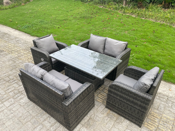 Rattan Garden Furniture Set  6 Seater Lounge Patio Sofa with Cushions Glass Loveseat Rising Adjustable Table Sets Dark Grey Mixed