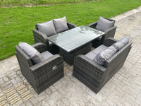Rattan Garden Furniture Set  6 Seater Lounge Patio Sofa with Cushions Glass Loveseat Rising Adjustable Table Sets Dark Grey Mixed