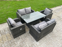 Rattan Garden Furniture Set  6 Seater Lounge Patio Sofa with Cushions Glass Loveseat Rising Adjustable Table Sets Dark Grey Mixed