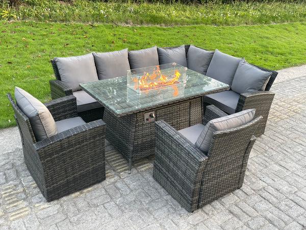 Outdoor Rattan Garden Furniture Set Gas Fire Pit Table 8 Seater Right Corner Sofa Lounger Single Chair with Cushions for Lawn, Patio,Conservatory,Dark Grey Mixed