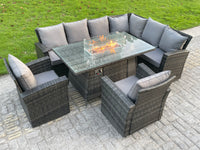 Outdoor Rattan Garden Furniture Set Gas Fire Pit Table 8 Seater Right Corner Sofa Lounger Single Chair with Cushions for Lawn, Patio,Conservatory,Dark Grey Mixed