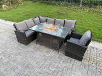 Rattan Garden Furniture Set Gas Fire Pit Table 7 Seater Outdoor Lounger left Corner Sofa Single Chair with Cushions for Lawn, Patio,Conservatory,Dark Grey Mixed