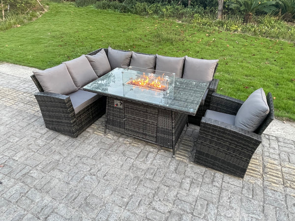 Rattan Garden Furniture Set Gas Fire Pit Table 7 Seater Outdoor Lounger left Corner Sofa Single Chair with Cushions for Lawn, Patio,Conservatory,Dark Grey Mixed