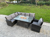 Rattan Garden Furniture Set Gas Fire Pit Table 7 Seater Outdoor Lounger left Corner Sofa Single Chair with Cushions for Lawn, Patio,Conservatory,Dark Grey Mixed