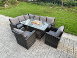 Gas Fire Pit Table 8 Seater Rattan Garden Furniture Set Outdoor Lounger left Corner Sofa Single Chair with Cushions for Lawn, Patio,Conservatory,Dark Grey Mixed
