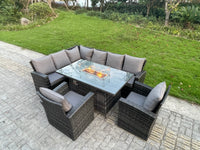 Gas Fire Pit Table 8 Seater Rattan Garden Furniture Set Outdoor Lounger left Corner Sofa Single Chair with Cushions for Lawn, Patio,Conservatory,Dark Grey Mixed