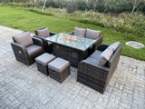 Gas Fire Pit Table Set Rattan Garden Furniture 8 Seater Outdoor Lounger Sofa Loveseat Footstool with Cushions for Lawn, Patio,Conservatory,Dark Grey Mixed