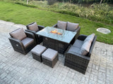 Gas Fire Pit Table Set Rattan Garden Furniture 8 Seater Outdoor Lounger Sofa Loveseat Footstool with Cushions for Lawn, Patio,Conservatory,Dark Grey Mixed
