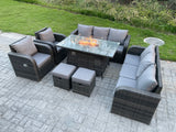 Gas Fire Pit Table Set Rattan Garden Furniture 10 Seater Outdoor Lounger Sofa Reclining Chairs Footstool with Cushions for Lawn, Patio,Conservatory,Dark Grey Mixed